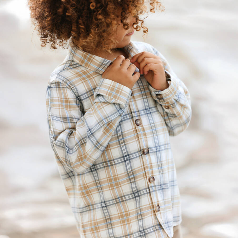 Tartine et Chocolat-Boys Beige Tartan Cotton Shirt with Embroidered Logo | Childrensalon Outlet