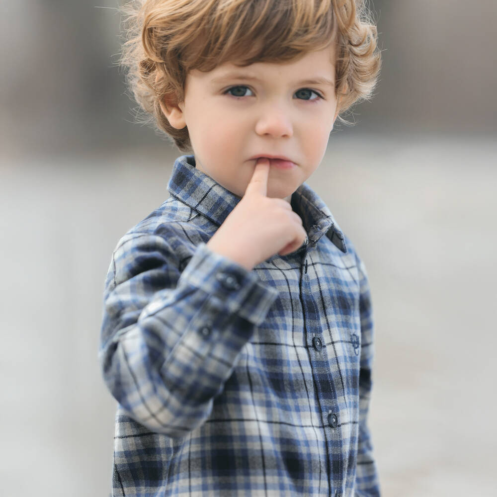 Tartine et Chocolat-Boys Blue Checked Cotton & Wool Shirt | Childrensalon Outlet