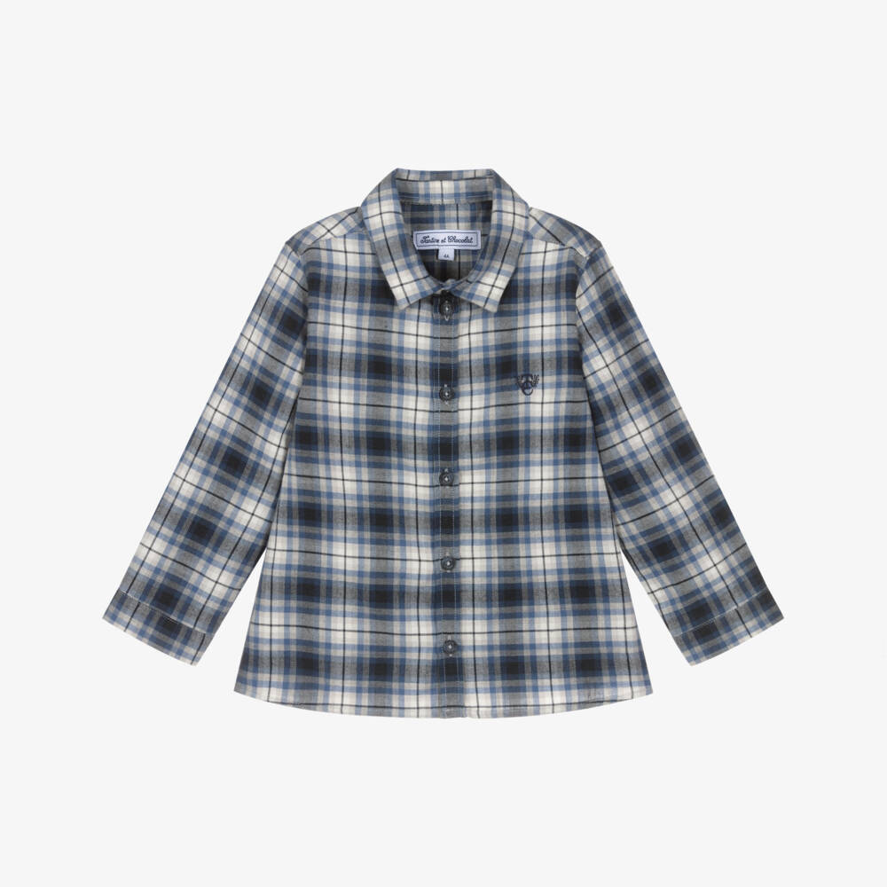 Tartine et Chocolat-Boys Blue Checked Cotton & Wool Shirt | Childrensalon Outlet