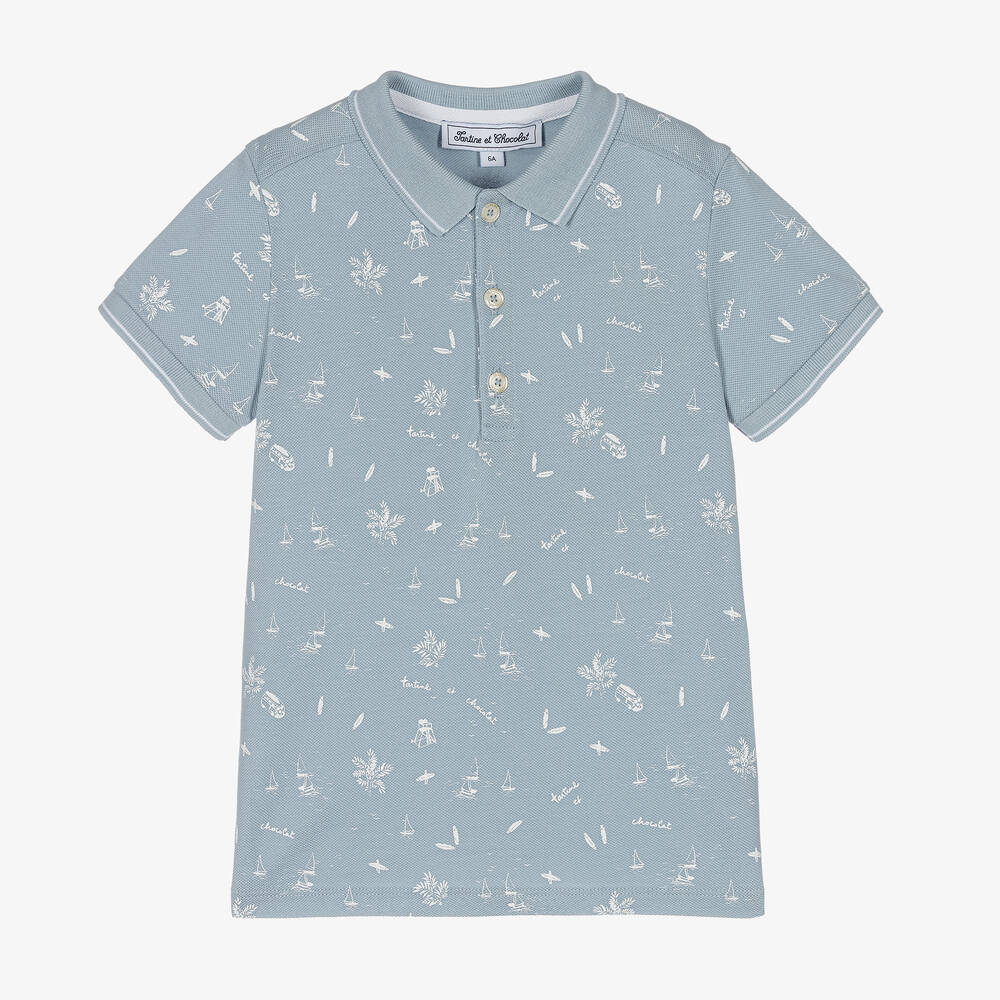 Tartine et Chocolat - Boys Blue Cotton Polo Shirt | Childrensalon