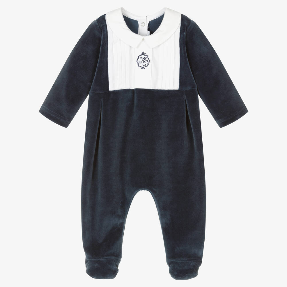 Tartine et Chocolat - Boys Blue Cotton Velour Babygrow | Childrensalon