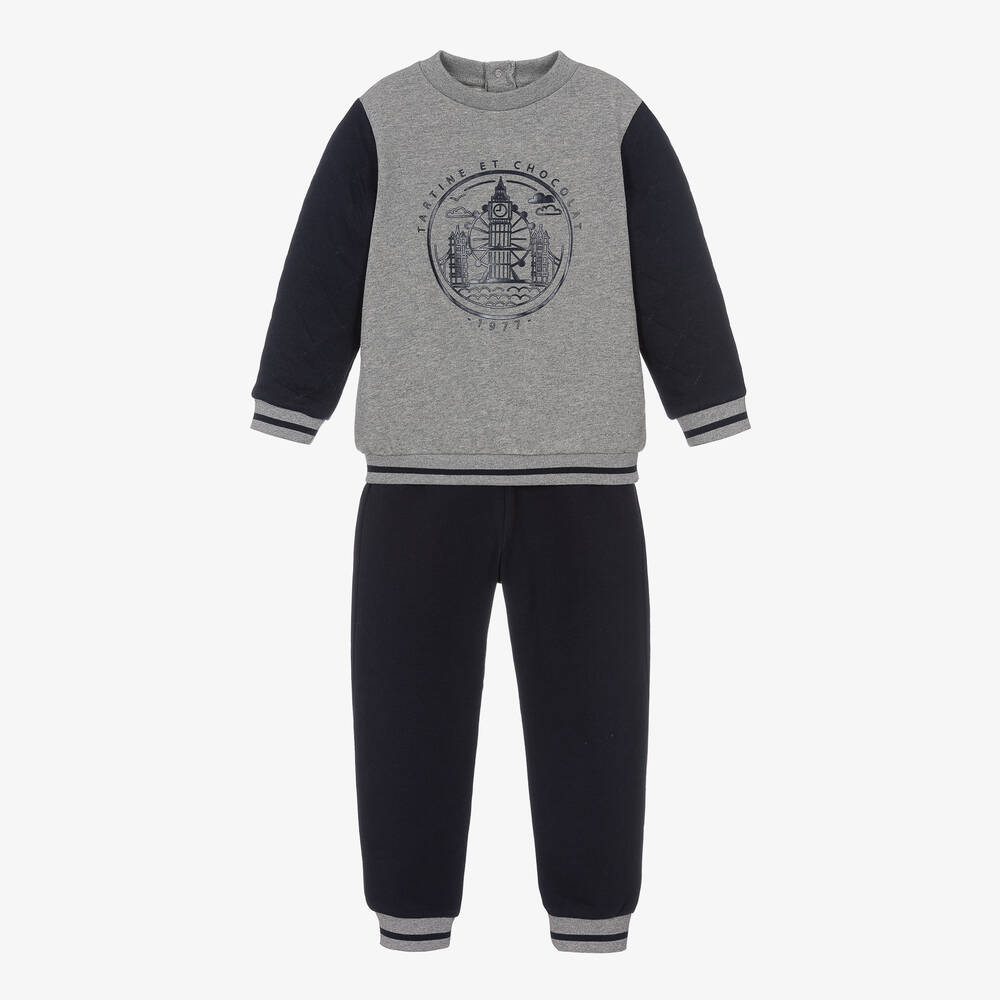 Tartine et Chocolat - Boys Blue & Grey Cotton Tracksuit | Childrensalon