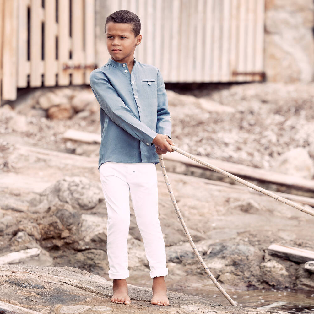 Tartine et Chocolat-Boys Blue Linen Collarless Shirt | Childrensalon Outlet