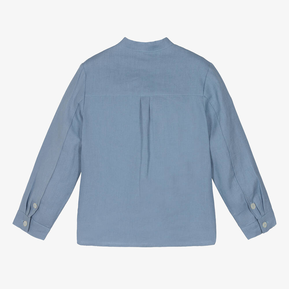 Tartine et Chocolat-Boys Blue Linen Collarless Shirt | Childrensalon Outlet