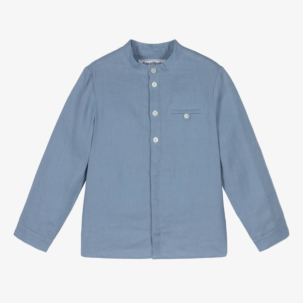 Tartine et Chocolat-Boys Blue Linen Collarless Shirt | Childrensalon Outlet