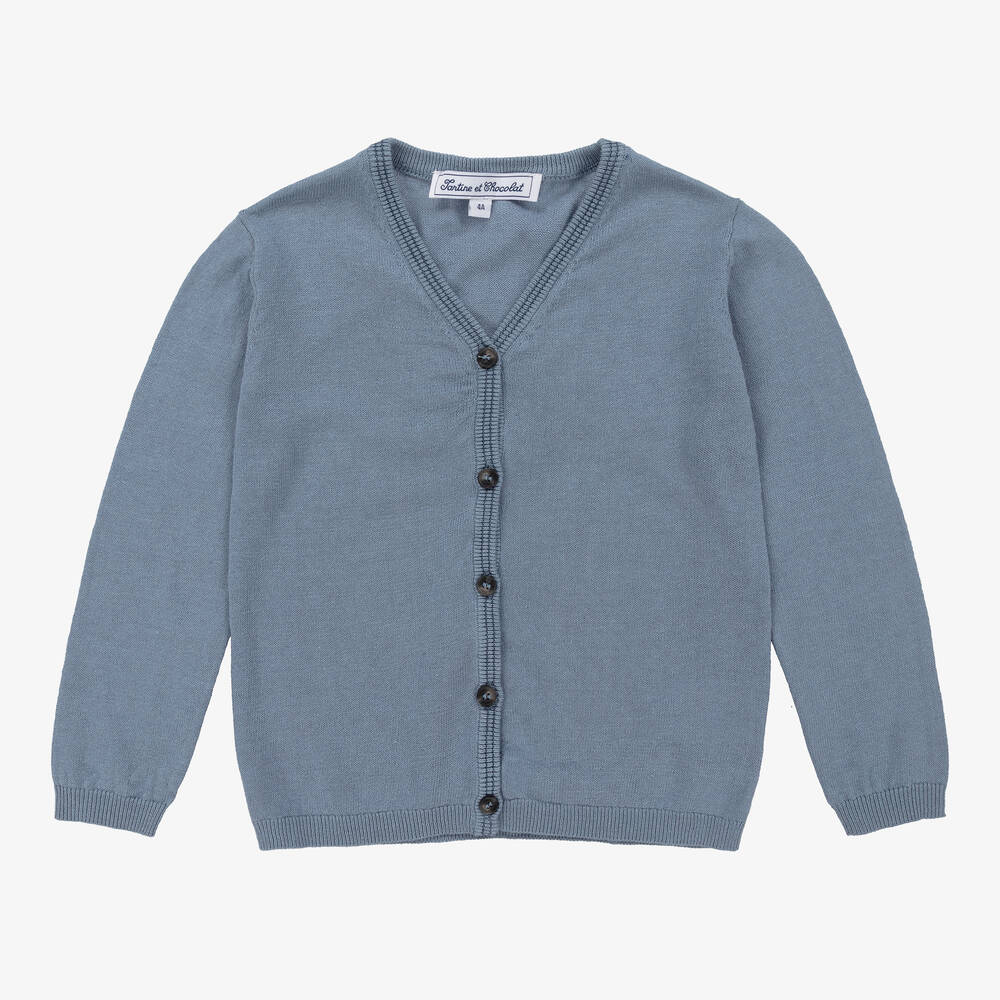 Tartine et Chocolat - Boys Blue Linen & Cotton Knit Cardigan | Childrensalon