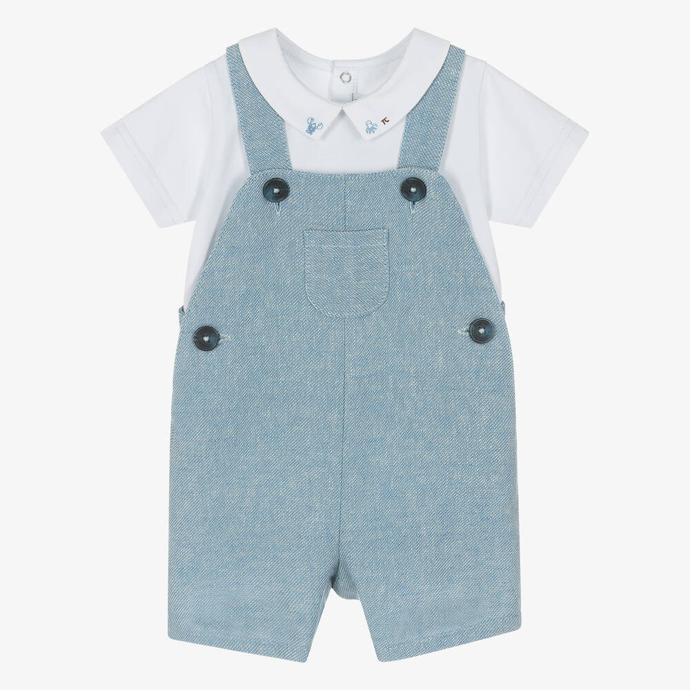 Tartine et Chocolat-Boys Blue Linen Dungaree Shorts Set | Childrensalon Outlet