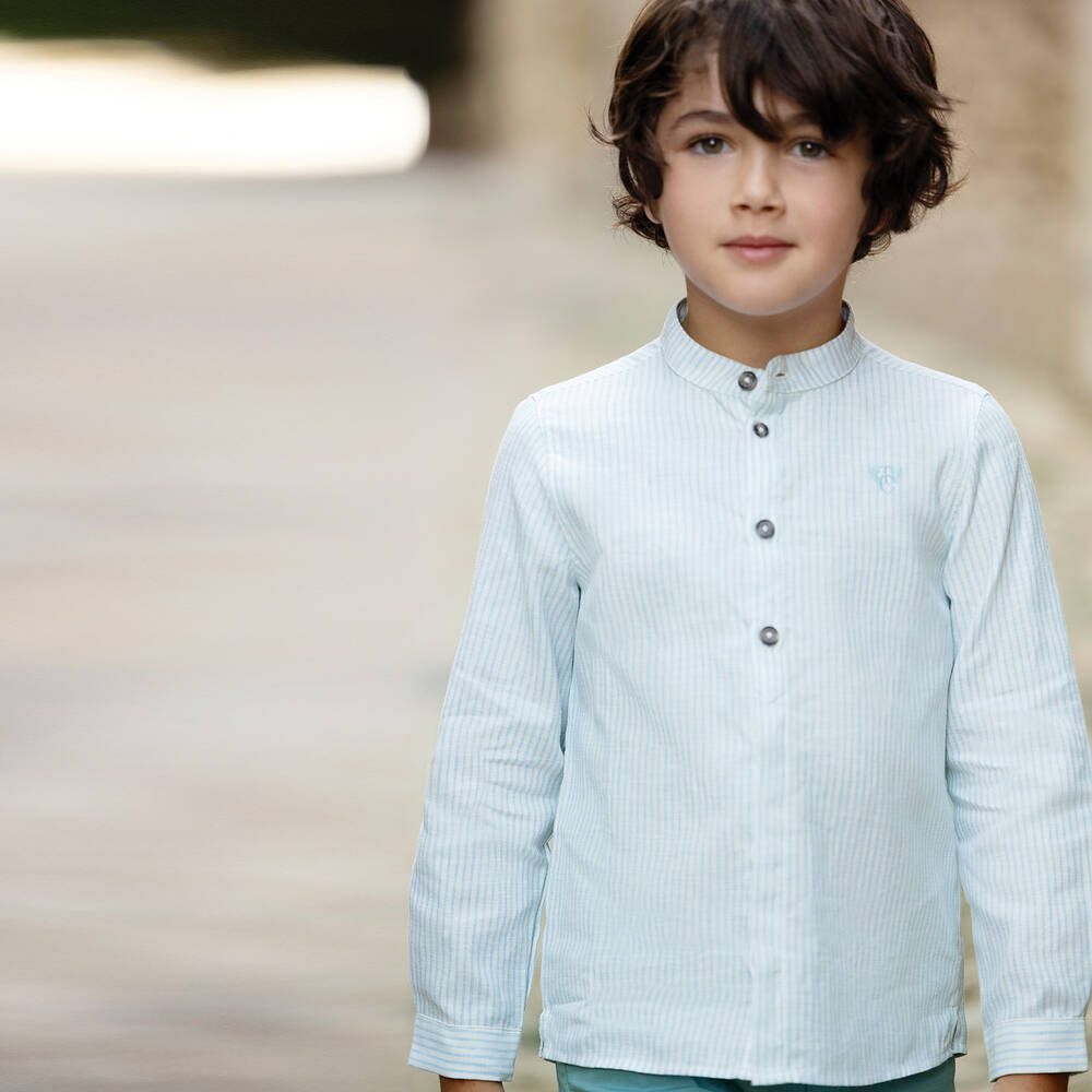 Tartine et Chocolat-قميص قطن وكتان مقلم لون أزرق للأولاد | Childrensalon Outlet