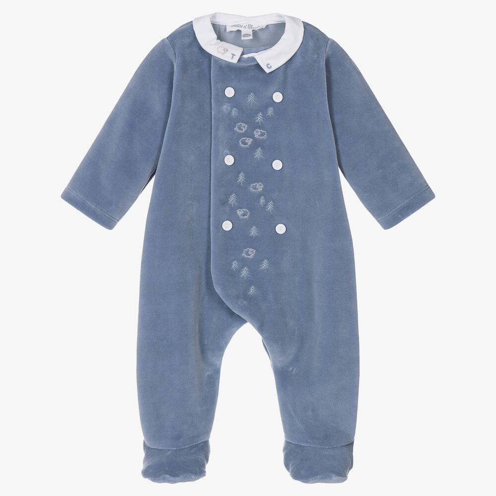 Tartine et Chocolat - Boys Blue Velour Babygrow | Childrensalon