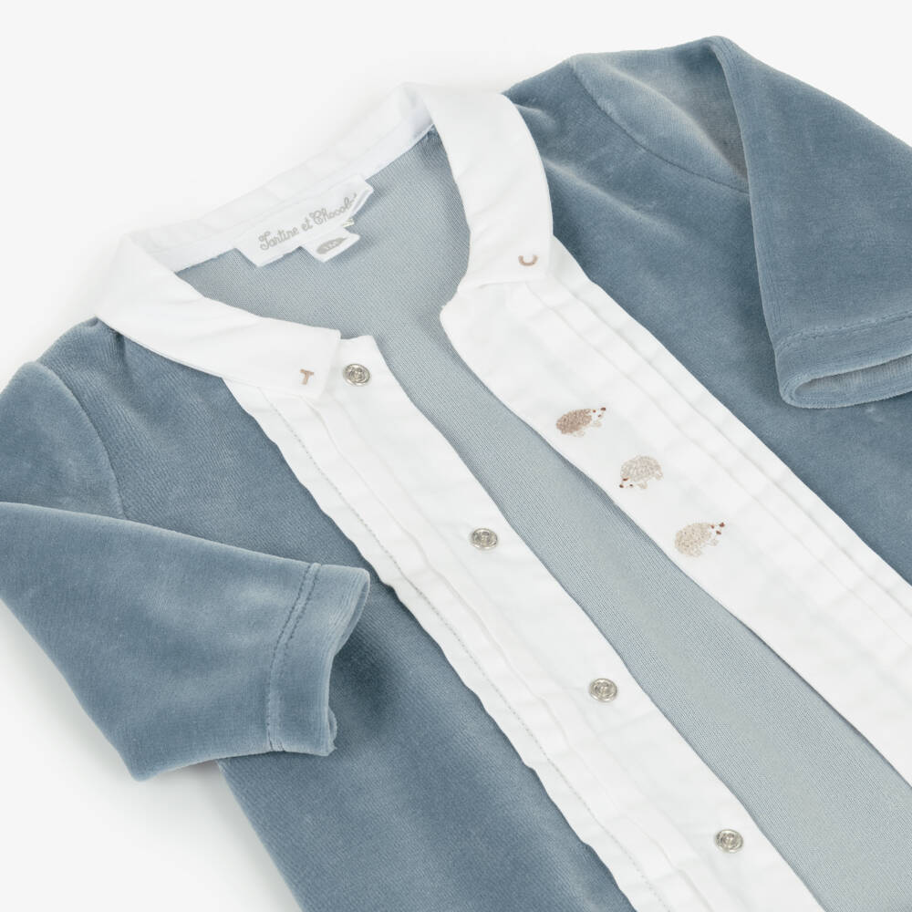 Tartine et Chocolat-Boys Blue Velour Hedgehog Babygrow | Childrensalon Outlet