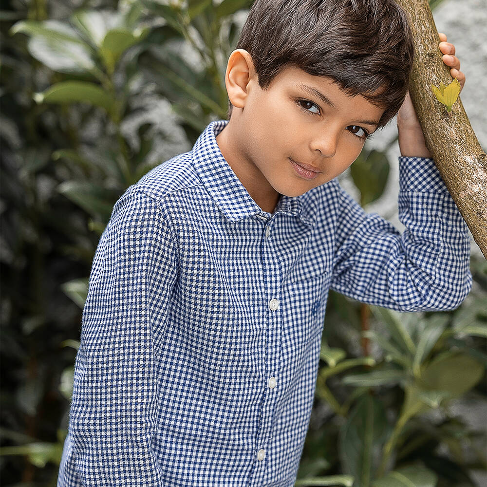 Tartine et Chocolat-Boys Blue & White Checked Cotton Shirt | Childrensalon Outlet