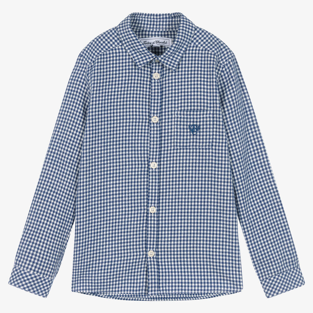 Tartine et Chocolat - Boys Blue & White Checked Cotton Shirt | Childrensalon