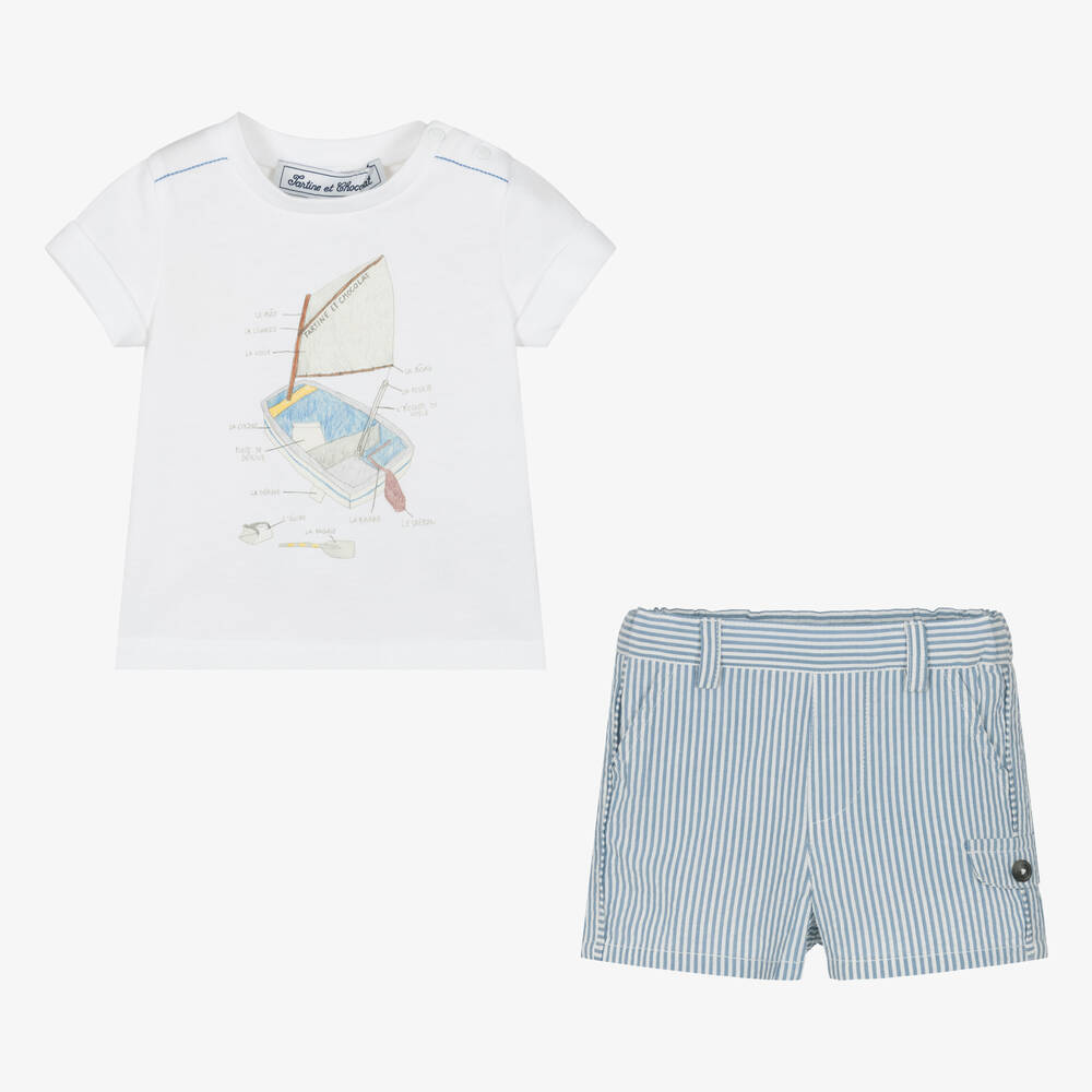 Tartine et Chocolat-Boys Blue & White Cotton Shorts Set | Childrensalon Outlet