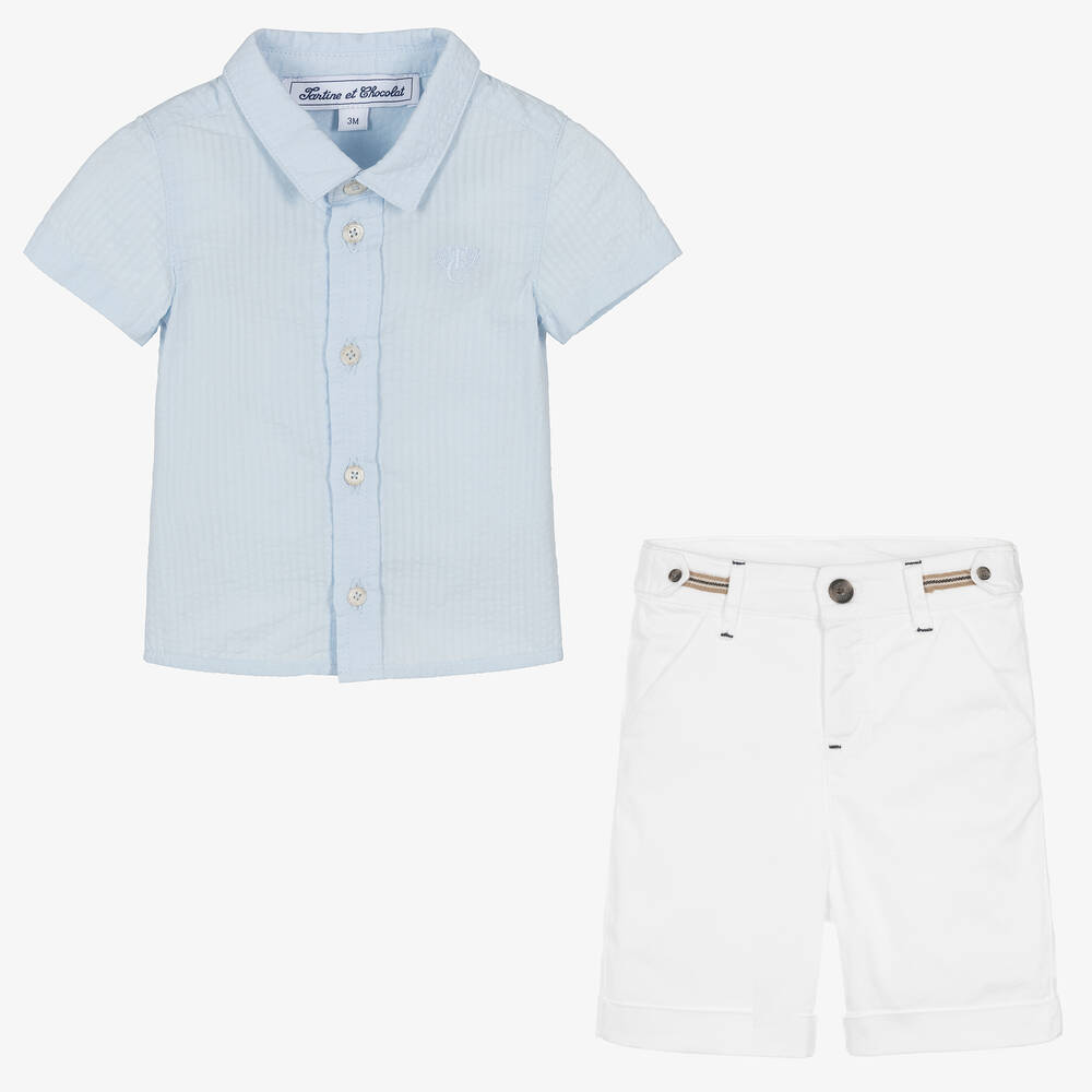Tartine et Chocolat-Boys Blue & White Cotton Shorts Set | Childrensalon Outlet
