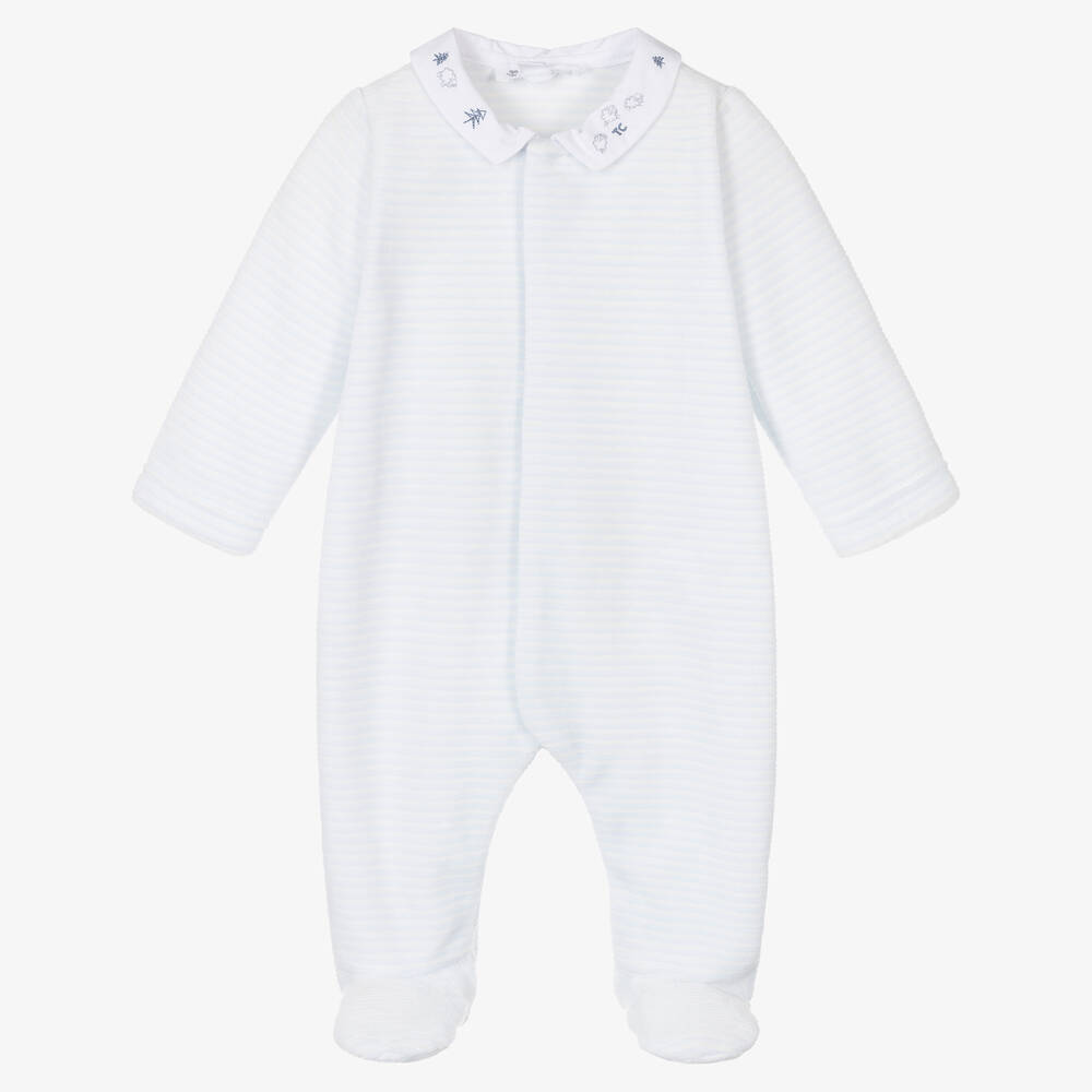 Tartine et Chocolat - Boys Blue & White Stripe Velour Babygrow | Childrensalon