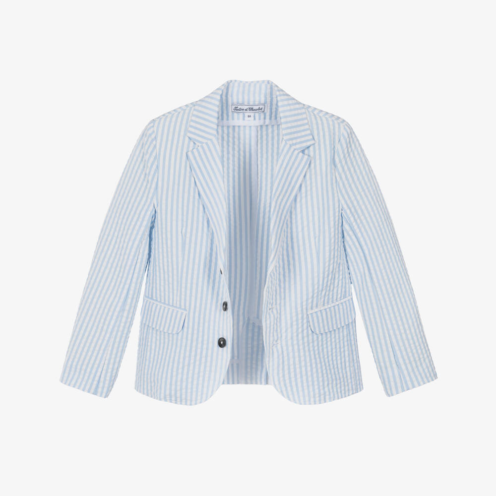 Tartine et Chocolat-Boys Blue & White Striped Cotton Seersucker Blazer | Childrensalon Outlet