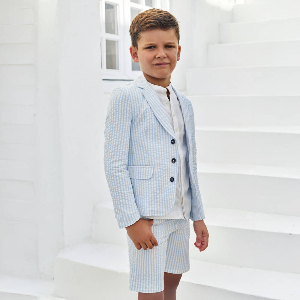Tartine et Chocolat-Boys Blue & White Striped Cotton Seersucker Blazer | Childrensalon Outlet
