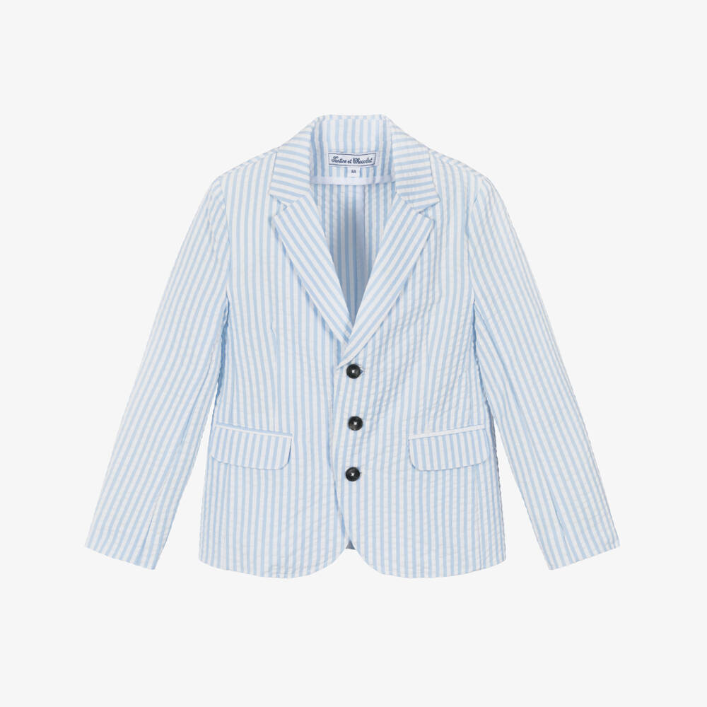 Tartine et Chocolat-Boys Blue & White Striped Cotton Seersucker Blazer | Childrensalon Outlet