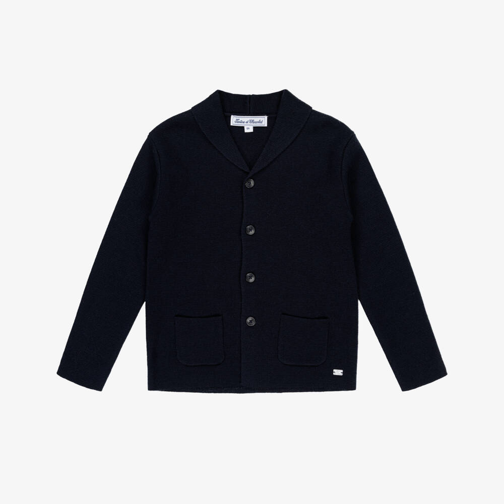 Tartine et Chocolat-Boys Blue Wool Knit Shawl Collar Cardigan | Childrensalon Outlet