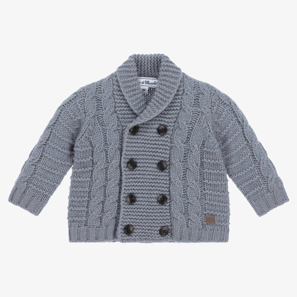Tartine et Chocolat - Boys Blue Wool Knitted Cardigan | Childrensalon