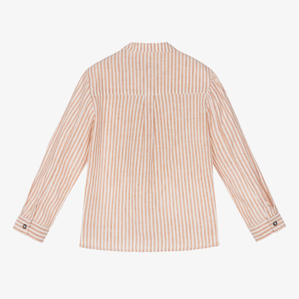 Tartine et Chocolat-قميص كتان وقطن مقلم لون بني وأبيض للأولاد | Childrensalon Outlet