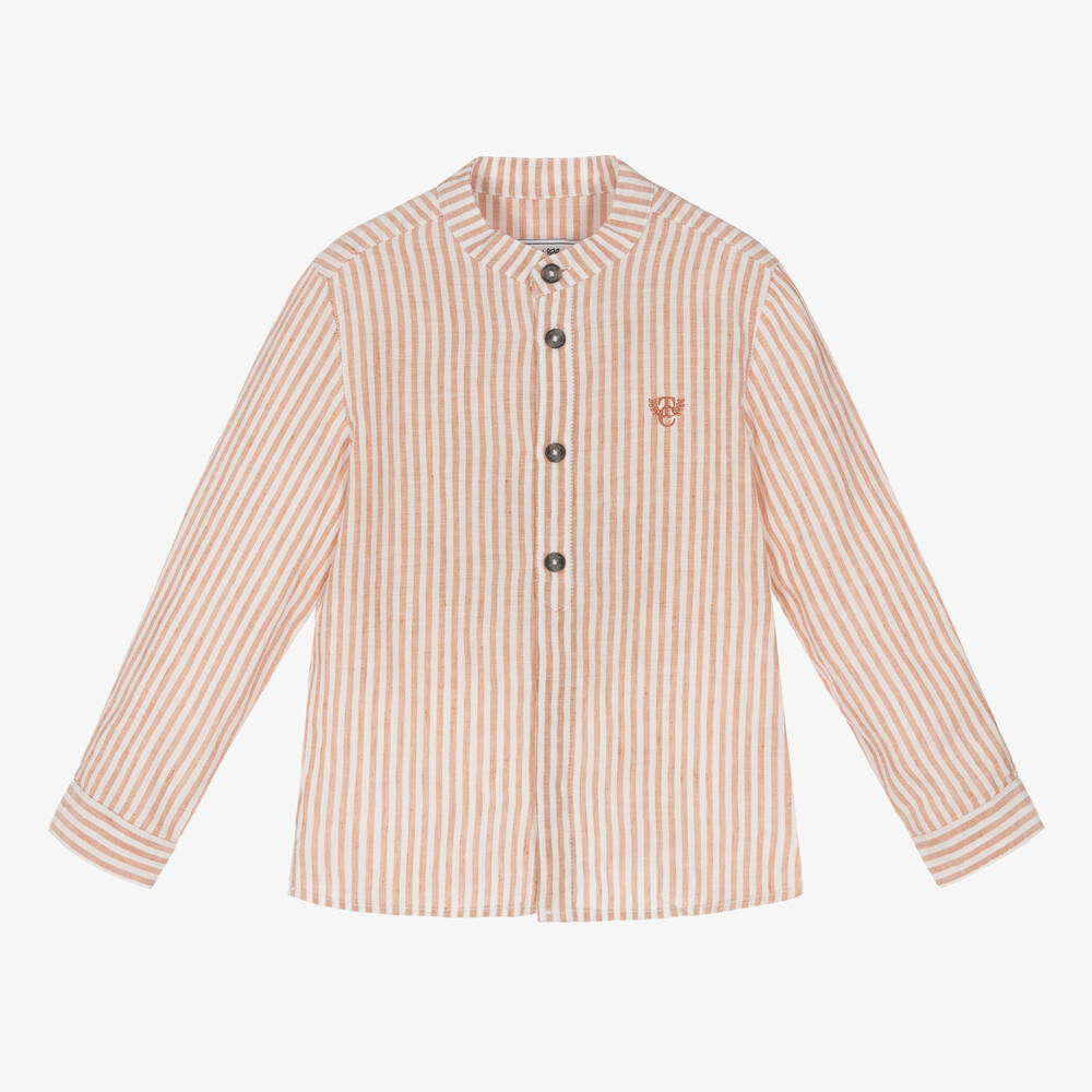 Tartine et Chocolat - Boys Brown & White Striped Linen Shirt | Childrensalon