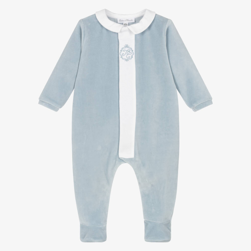 Tartine et Chocolat-Boys Cozy Blue Velour Onesie | Childrensalon Outlet