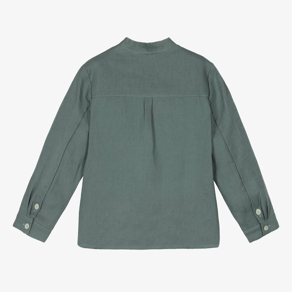 Tartine et Chocolat-Boys Green Linen Collarless Shirt | Childrensalon Outlet