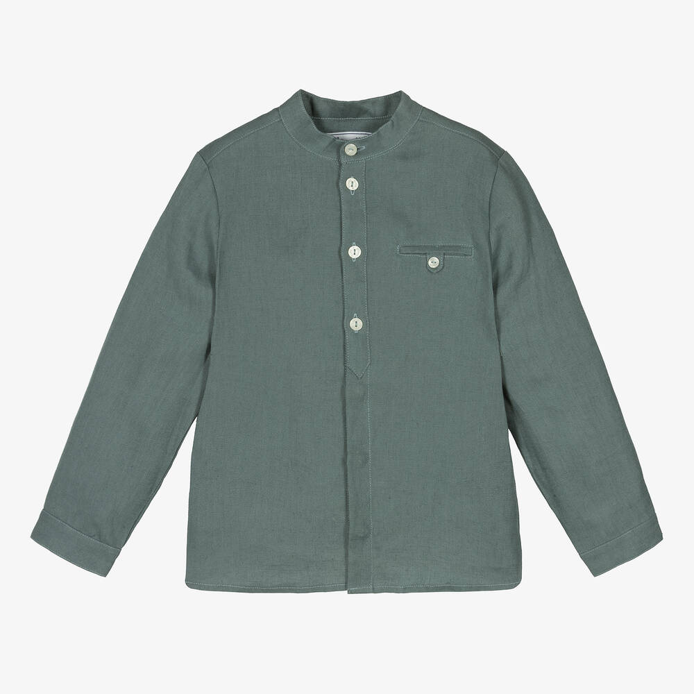 Tartine et Chocolat - Boys Green Linen Collarless Shirt | Childrensalon