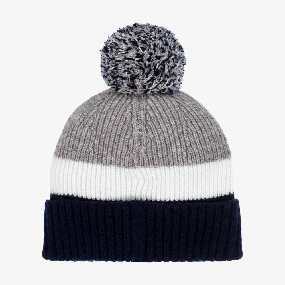 Tartine et Chocolat-Boys Grey & Blue Wool & Cashmere Knit Pom-Pom Hat | Childrensalon Outlet