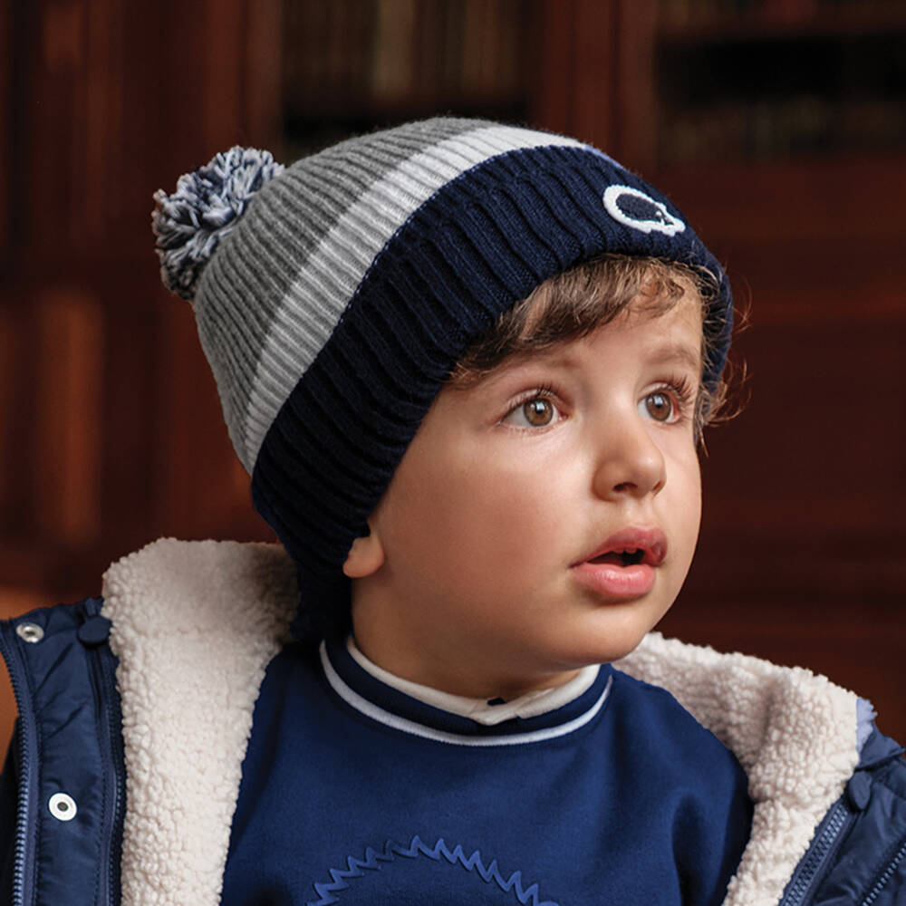 Tartine et Chocolat-Boys Grey & Blue Wool & Cashmere Knit Pom-Pom Hat | Childrensalon Outlet