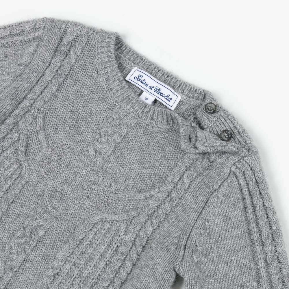 Tartine et Chocolat-Boys Grey Cable Knit Wool Jumper | Childrensalon Outlet