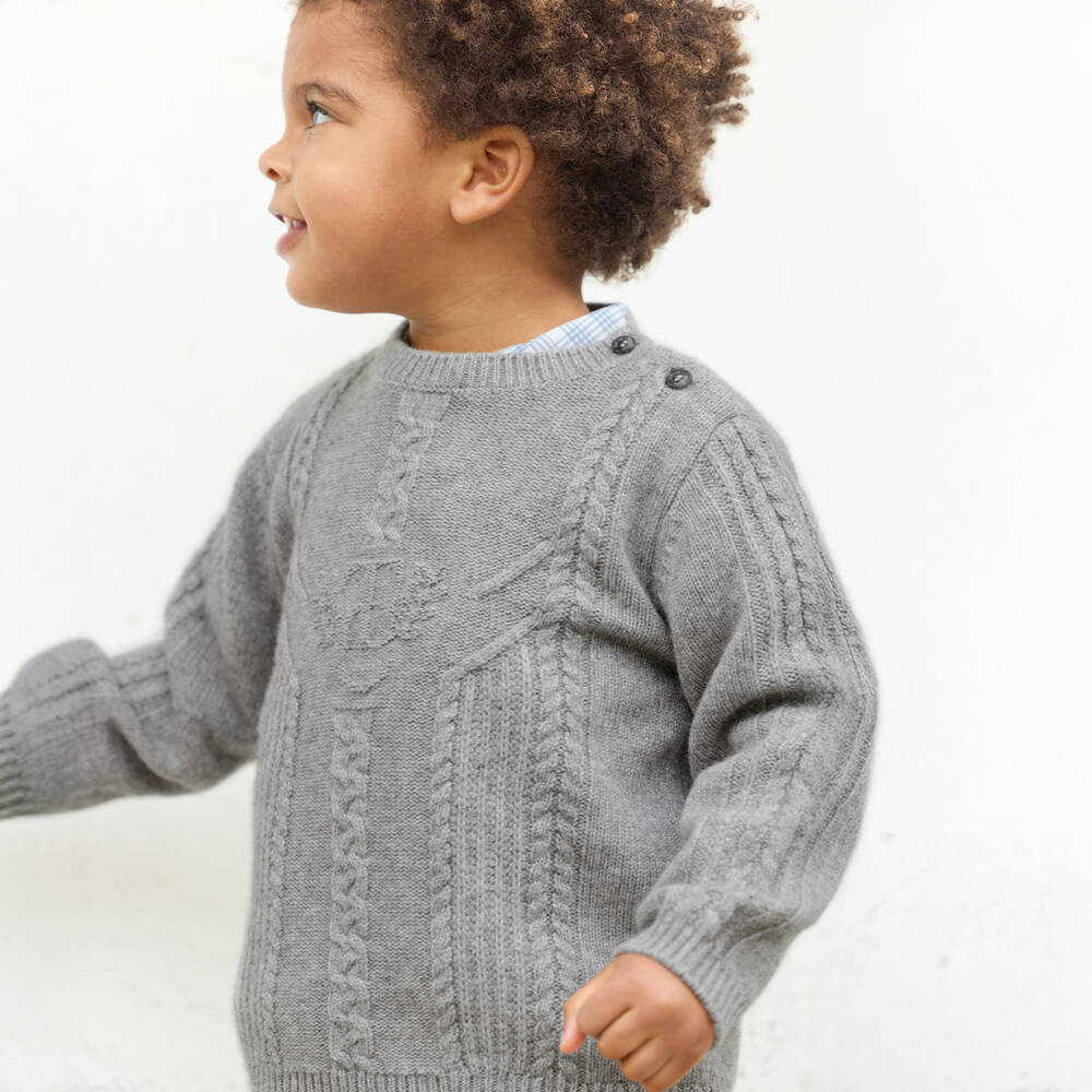 Tartine et Chocolat-Boys Grey Wool Cable Sweater | Childrensalon Outlet