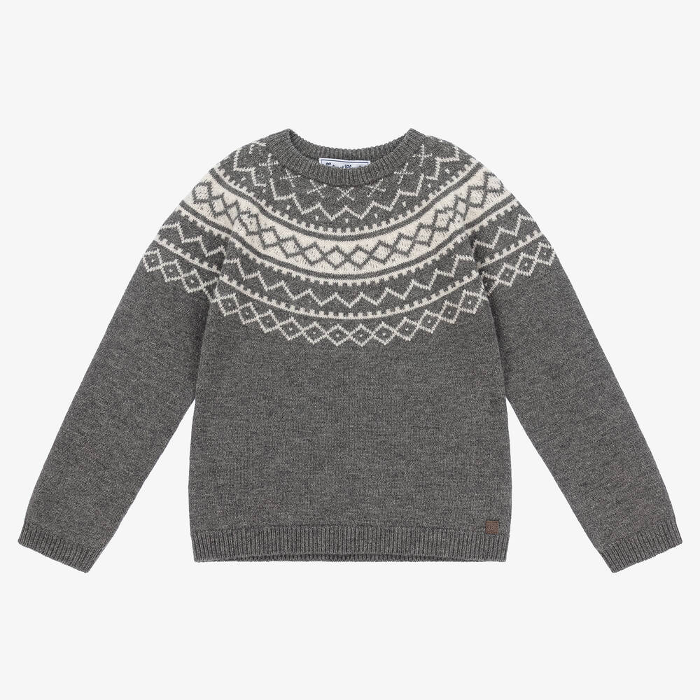 Tartine et Chocolat - Boys Grey Wool Fair Isle Sweater | Childrensalon