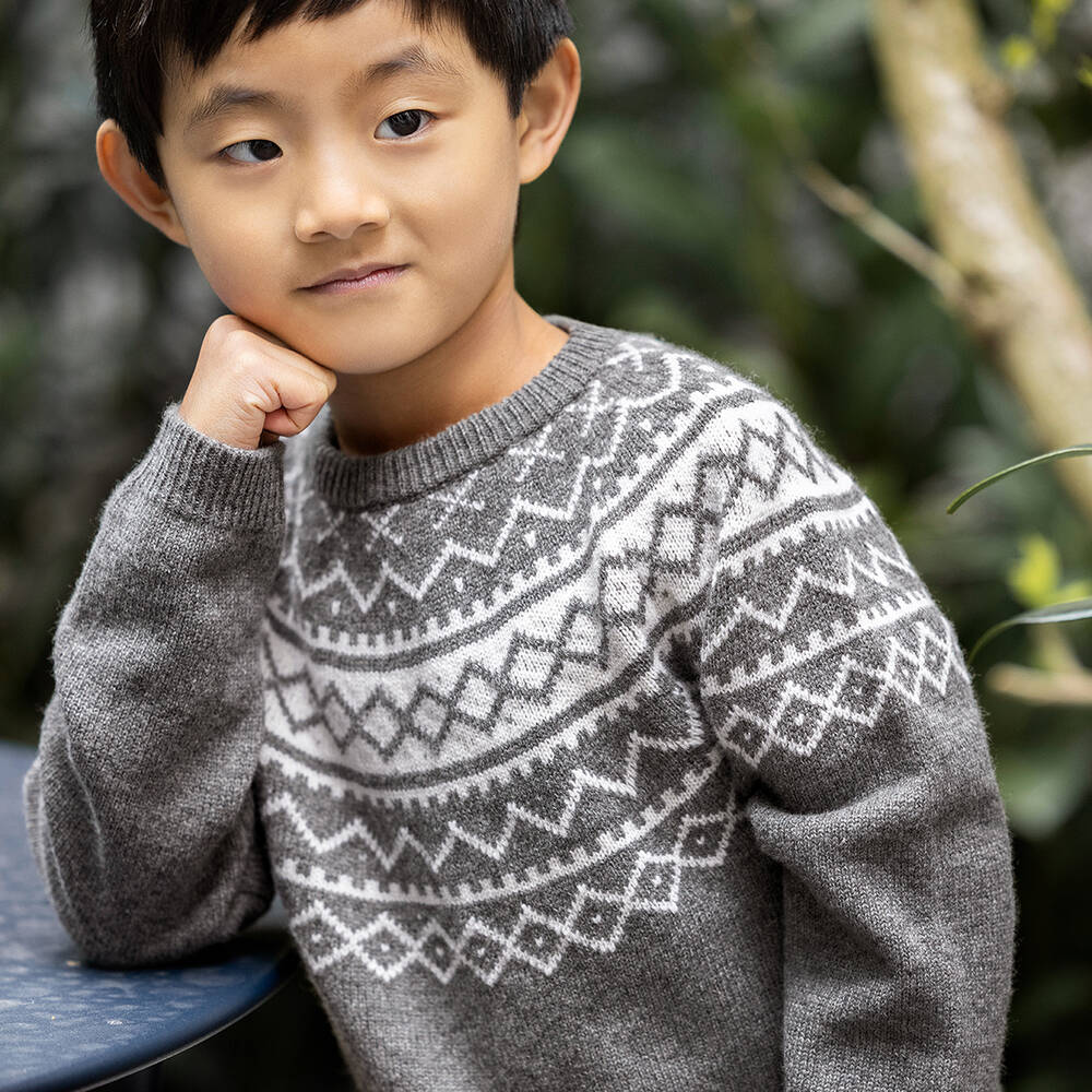 Tartine et Chocolat Boys Grey Wool Fair Isle Sweater