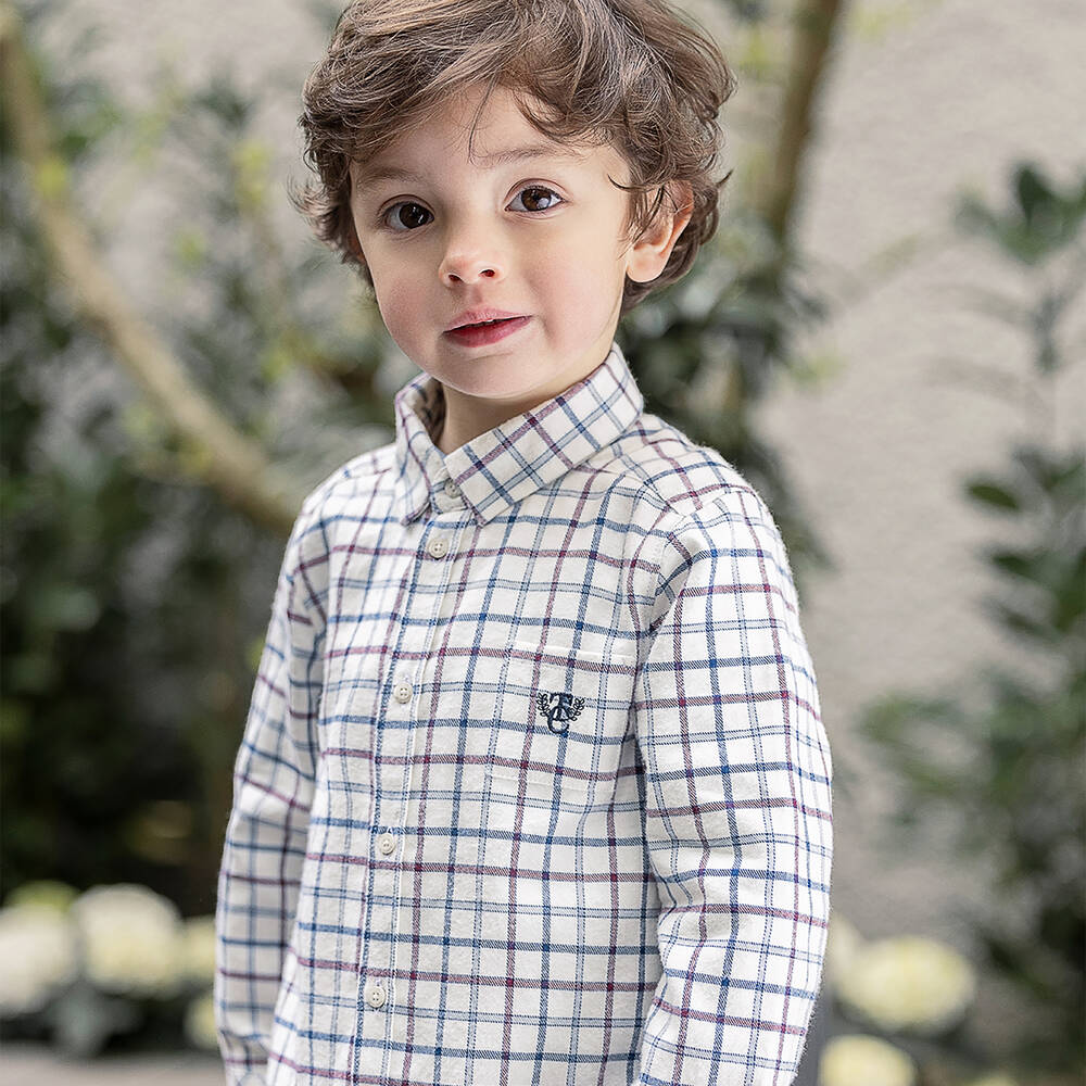 Tartine et Chocolat-قميص أطفال ولادي قطن تويل كاروهات لون عاجي | Childrensalon Outlet