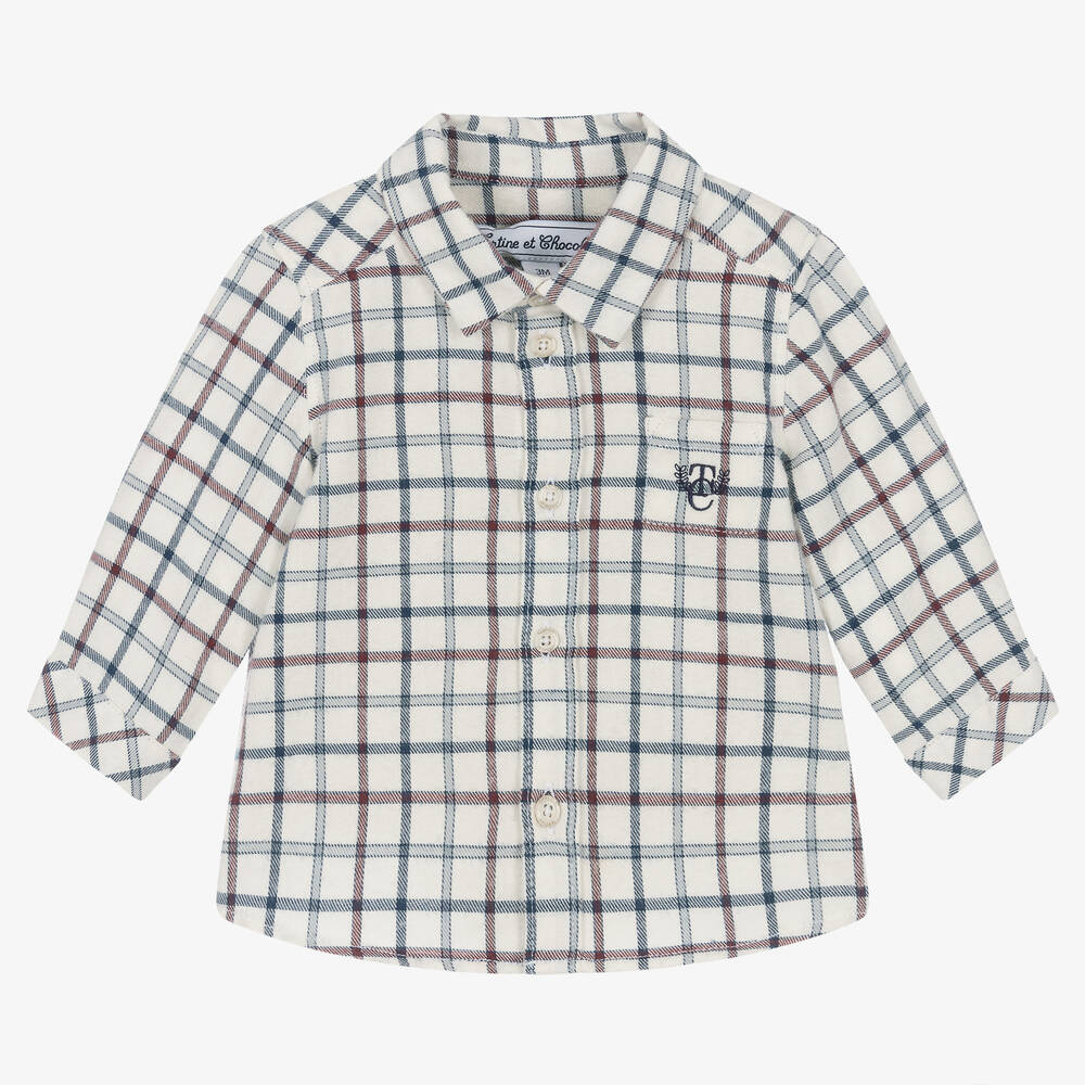 Tartine et Chocolat - Boys Ivory Cotton Checked Shirt | Childrensalon