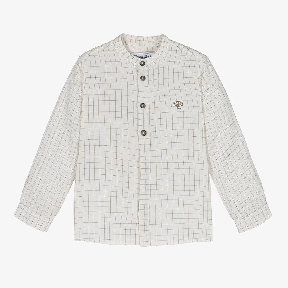 Tartine et Chocolat - Boys Ivory Linen Checked Shirt | Childrensalon