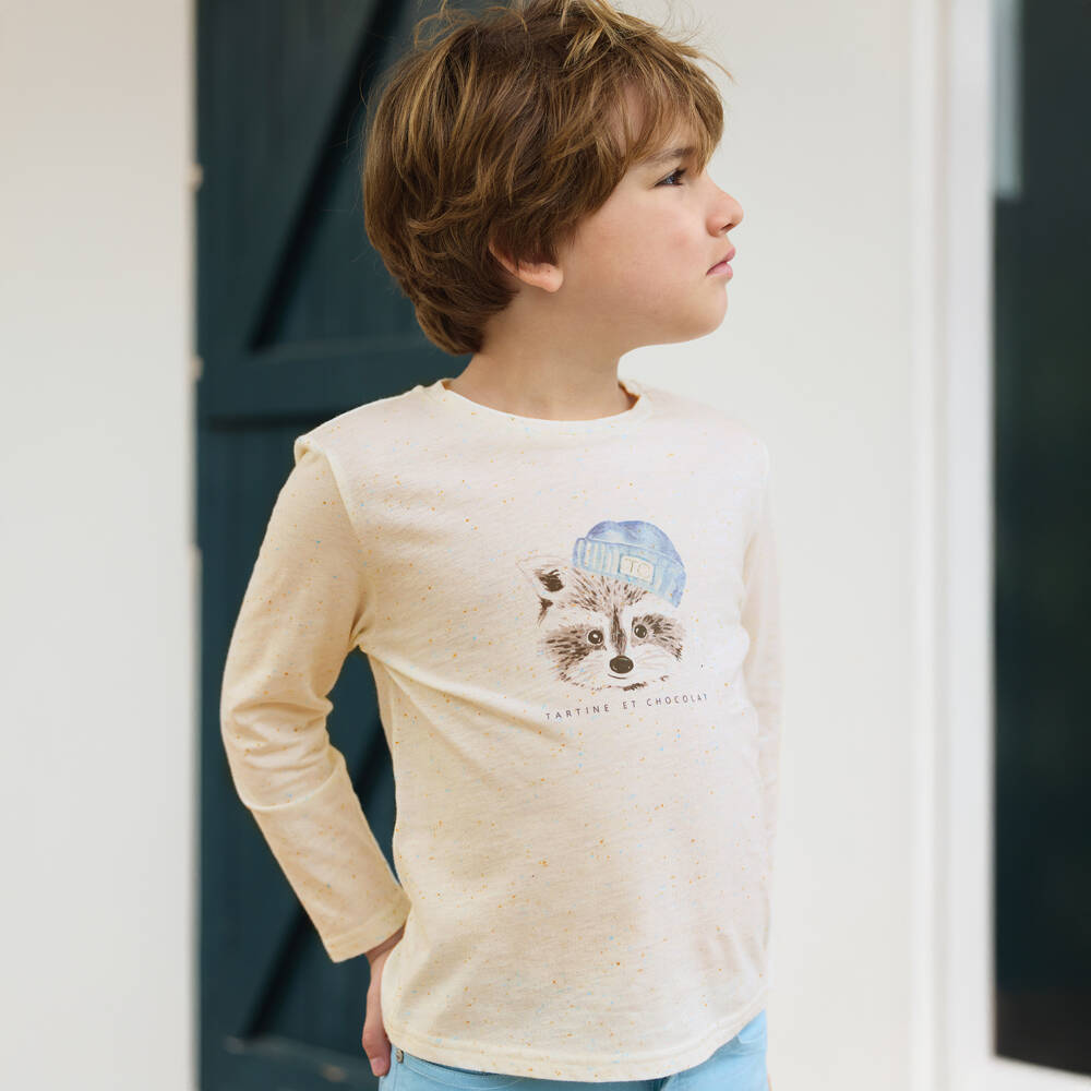 Tartine et Chocolat-Boys Ivory Raccoon Print Cotton Jersey Top | Childrensalon Outlet