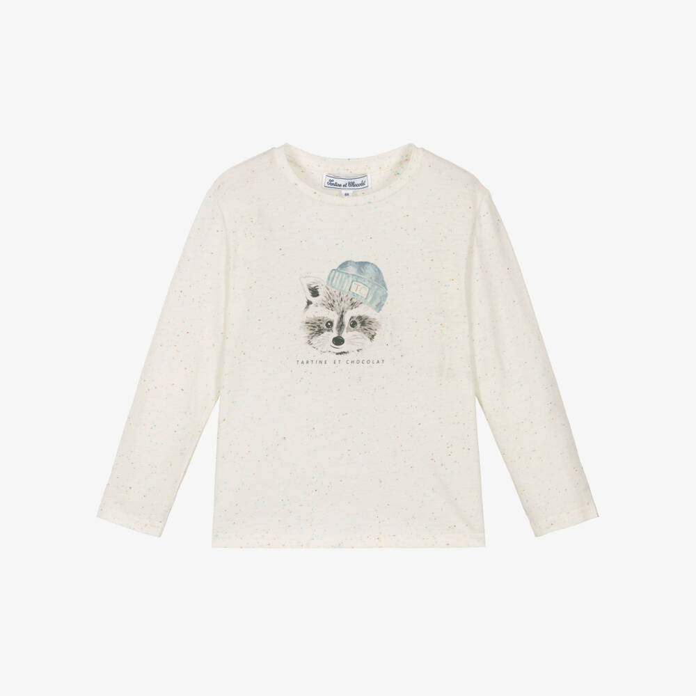 Tartine et Chocolat-Boys Ivory Raccoon Print Cotton Jersey Top | Childrensalon Outlet