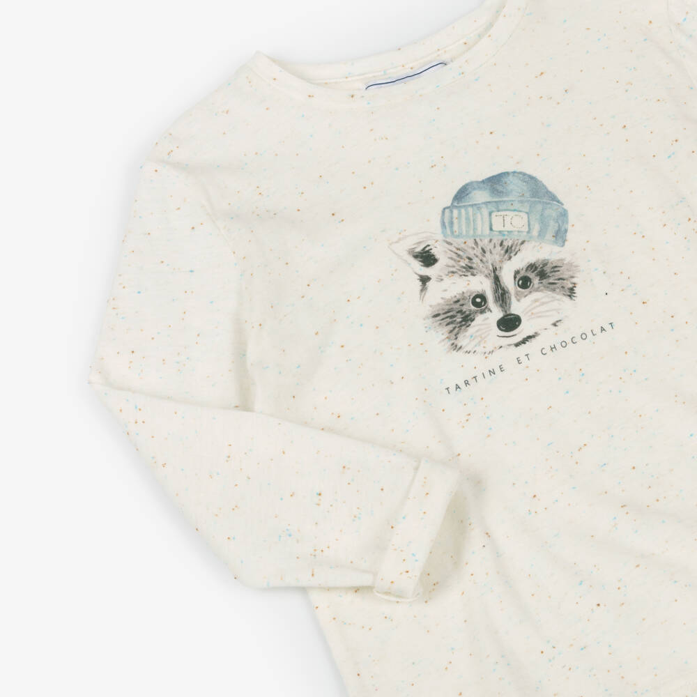 Tartine et Chocolat-Boys Ivory Raccoon Print Cotton Jersey Top | Childrensalon Outlet
