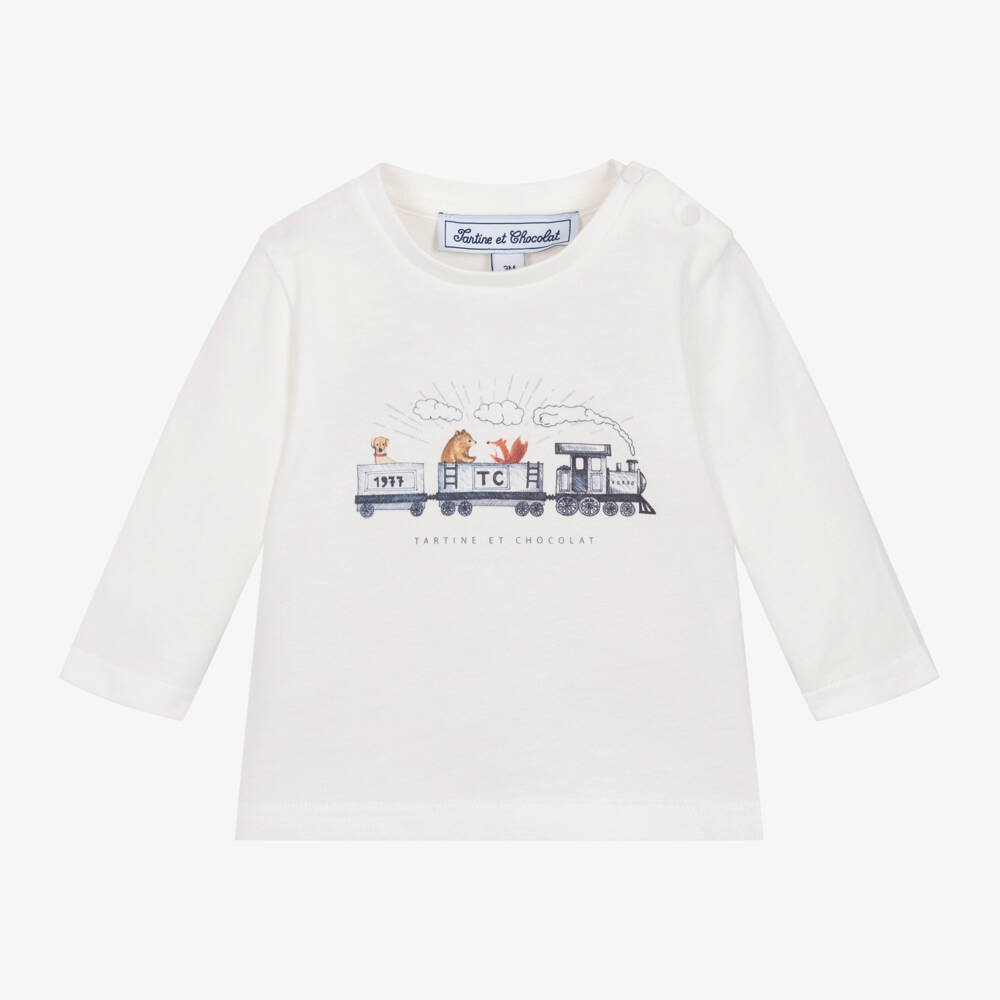 Tartine et Chocolat-Boys Ivory Train Cotton Tee | Childrensalon Outlet