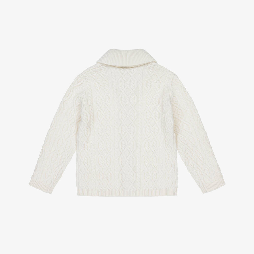 Tartine et Chocolat-Boys Ivory Wool Cable Knit Shawl Collar Cardigan | Childrensalon Outlet