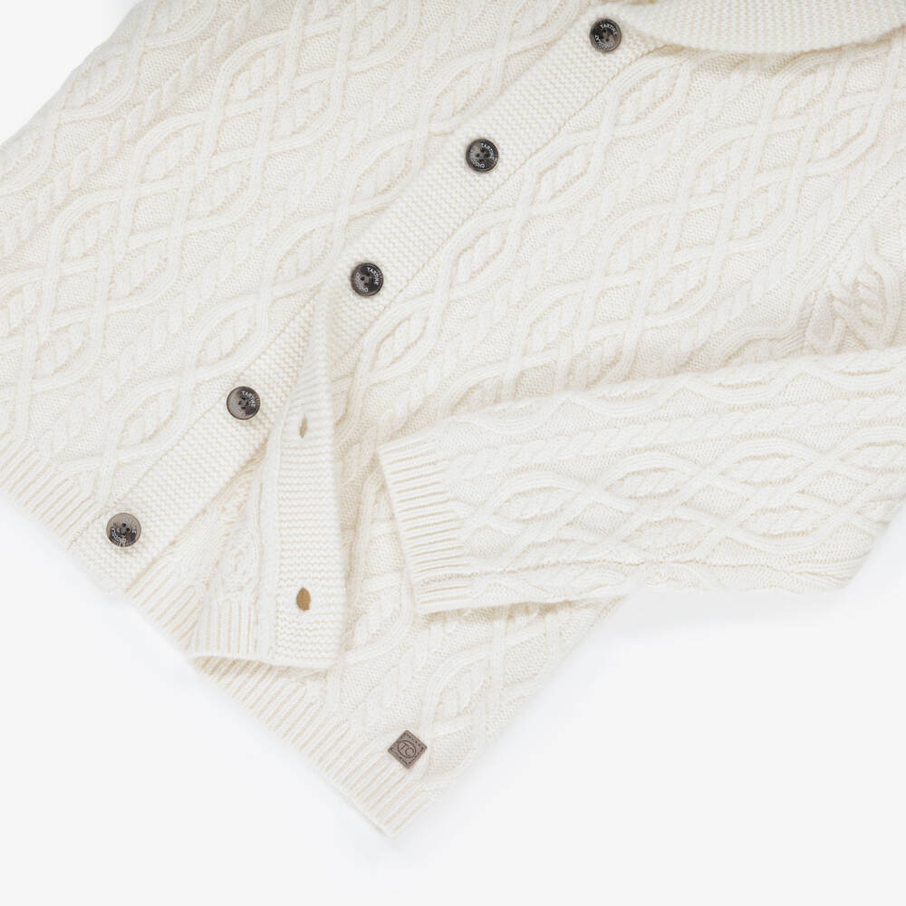 Tartine et Chocolat-Boys Ivory Wool Cable Knit Shawl Collar Cardigan | Childrensalon Outlet