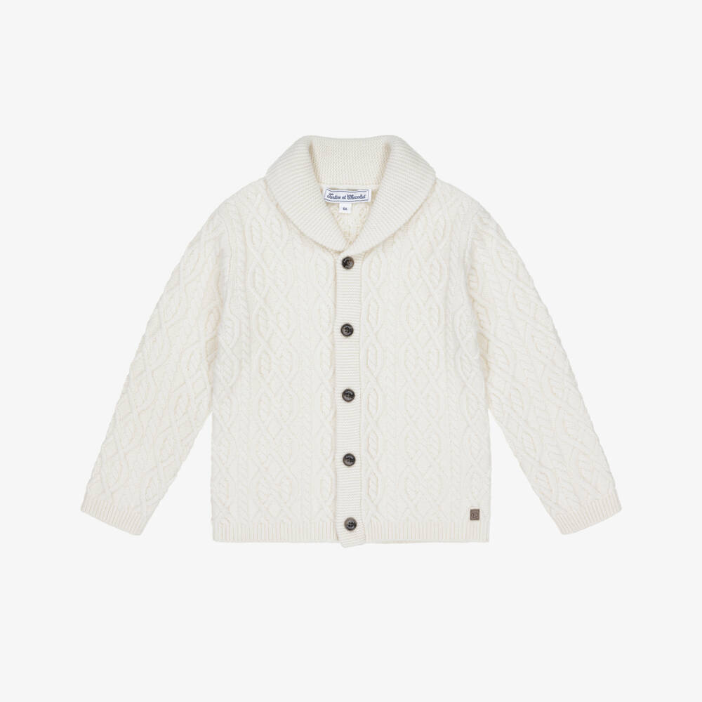 Tartine et Chocolat-Boys Ivory Wool Cable Knit Shawl Collar Cardigan | Childrensalon Outlet