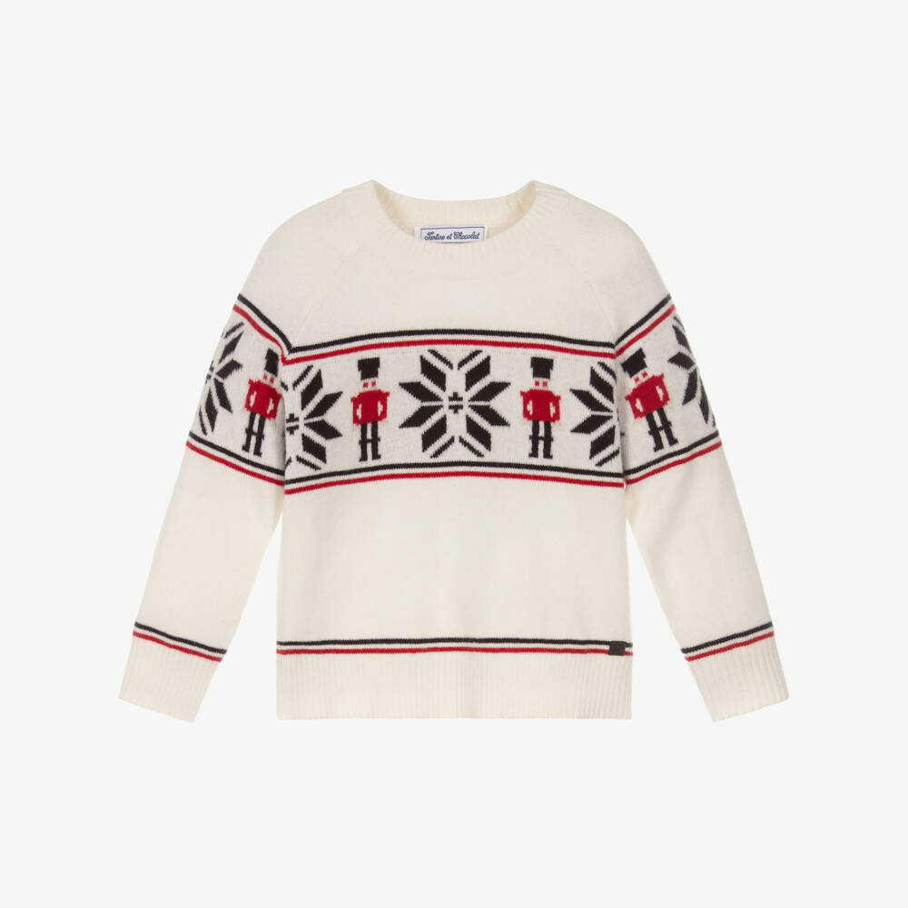 Tartine et Chocolat-Boys Ivory Wool Knitted Fair Isle Sweater | Childrensalon Outlet