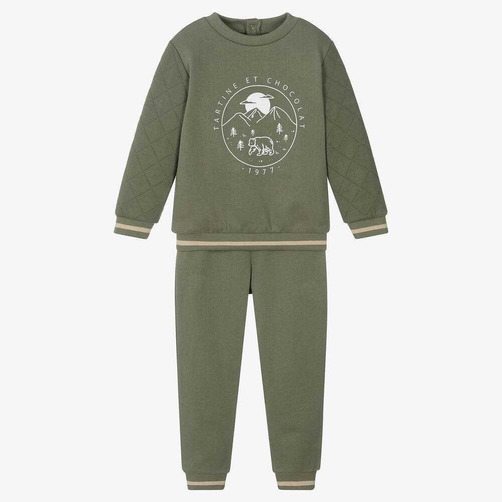 Tartine et Chocolat - Boys Khaki Green Cotton Tracksuit | Childrensalon