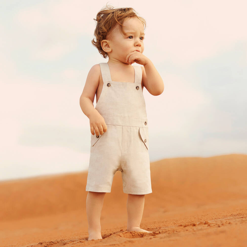 Tartine et Chocolat-Boys Linen Beige Dungaree Ensemble | Childrensalon Outlet