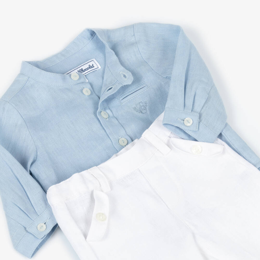 Tartine et Chocolat-Boys Linen Ensemble in Blue & White | Childrensalon Outlet