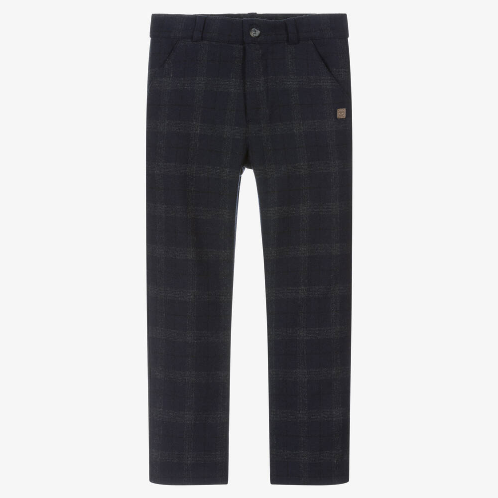 Tartine et Chocolat - Boys Navy Blue Check Wool Trousers | Childrensalon